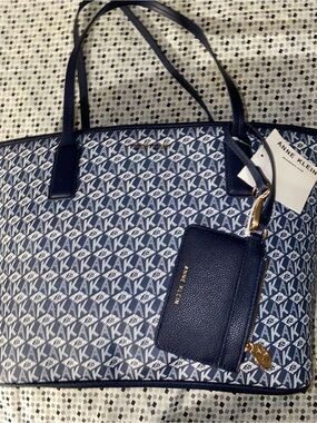 Anne Klein Navy and White AK Monogram Tote with Navy Card Case